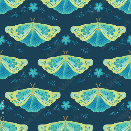 Butterfly with floral ornamebt on wings vector seamless pattern, rural fabric print design. Spring ornament with fairy butterfly  insect. Folklore floral motif. Wildlife insect repeat pattern.