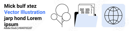 Data management, global connectivity, binary code, digital storage, organization, eco-concept. Binary documents in a folder, globe icon abstract tree. Data management and global connectivity