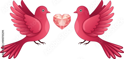 Adorable Pair of Red Love Birds with Spread Wings and Pink Crystal Heart - Cute Vector Valentine's Day Illustration