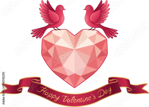 Romantic Pink Heart Gem with Love Birds and 'Happy Valentine's Day' Red Ribbon Banner - Luxurious Low-Poly Vector Greeting