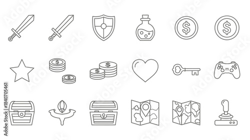 Collection of simple black and white line art icons representing gaming and fantasy items