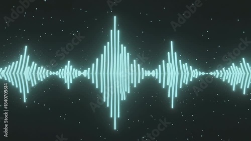 Audio waveform hologram glowing with neon cyan light line. Abstract digital music visualizer animation with drifting particles for podcast intro and sound design concept on dark background.