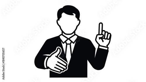 A black and white silhouette of a man gesturing with both hands forward