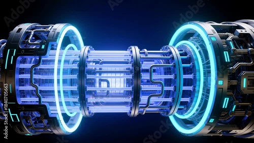 Micro reactor core close up with glowing neutron shield. Futuristic nuclear technology cylinder with cooling channels and schematic lighting for science energy concept.