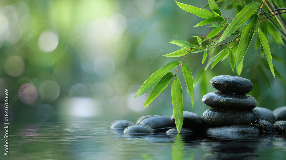 Fototapeta premium Serene arrangement of smooth stones beside gentle water and lush bamboo in a tranquil natural setting