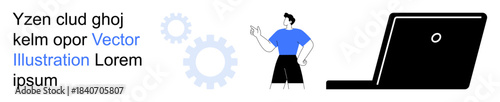 Digital technology, teamwork, innovation, remote work, efficiency, problem-solving. Person pointing near gear icons with a laptop nearby. Digital technology and teamwork concept