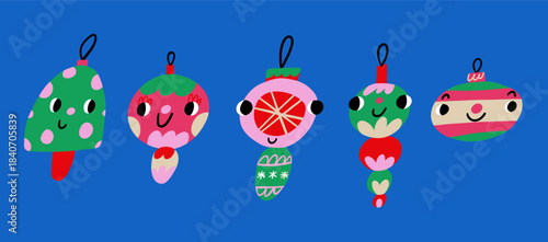 Set of hanging cartoon Xmas tree toys. Christmas decorations with ornaments and faces. Colorful glass icicles and mushroom. Winter holiday adornment, tree decor, toys, ball.