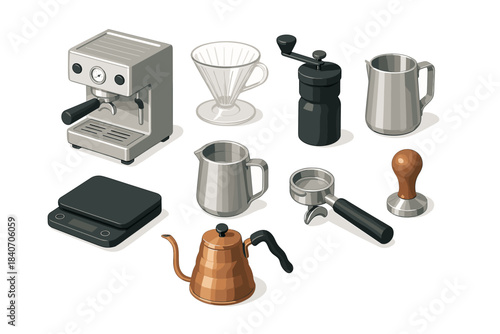 Coffee making equipment: espresso machine, grinder, scale, kettle, and accessories