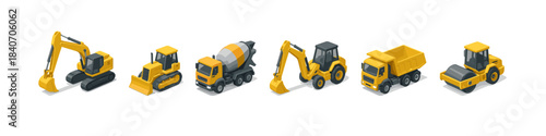 Construction vehicles icons: excavator, bulldozer, cement mixer, backhoe, dump truck, steamroller