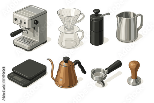 Coffee brewing essentials: espresso machine, grinder, kettle, and accessories