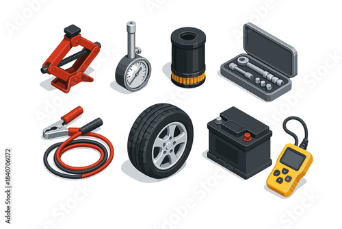 Essential car repair tools: tire, battery, jack, wrench, cables, gauge, multimeter kit