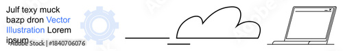 Cloud storage, technology, data transfer, remote access, IT services, online collaboration. Cloud and gear icons connected to a laptop. Cloud storage and technology concept