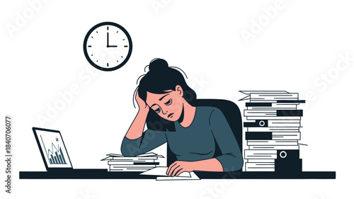 Overwhelmed woman sits at desk with papers laptop and clock indicating time pressure