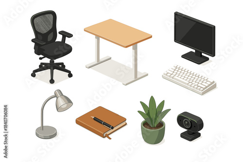 Modern office setup with desk, chair, monitor, keyboard, lamp, notebook, plant, webcam