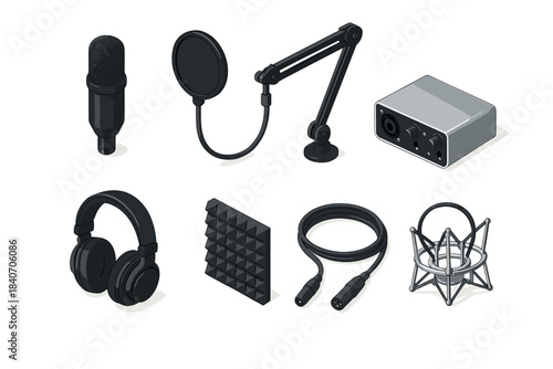 Podcast setup: microphone, pop filter, audio interface, headphones, acoustic panel