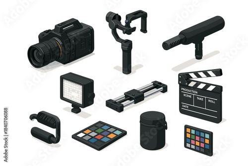 Digital video production equipment set with camera, microphone, clapperboard, and accessories