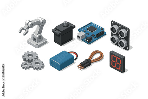 Electronics components: robotic arm, servo motor, arduino, sensor, gears, battery, display