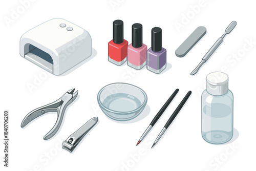 Nail care set with polish bottles, clippers, and uv lamp