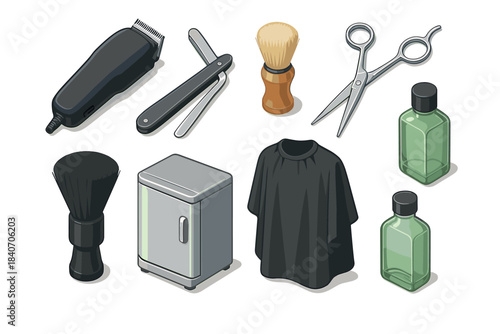 Barber tools collection: clippers, razor, brush, scissors, bottles, and cape