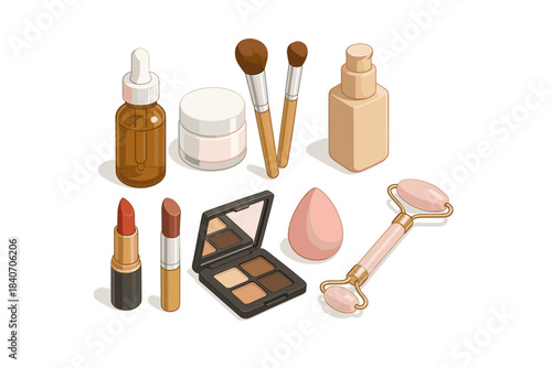 Collection of makeup and skincare products including brushes and lipsticks