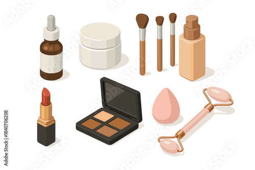Assorted cosmetic products and tools: lipstick, brushes, eyeshadow, roller