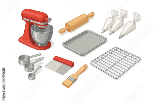 Red mixer and baking tools: rolling pin, piping bags, measuring cups, baking tray, rack