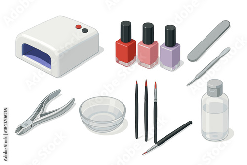 Nail care tools: polish, brushes, uv lamp, clippers, file for manicure