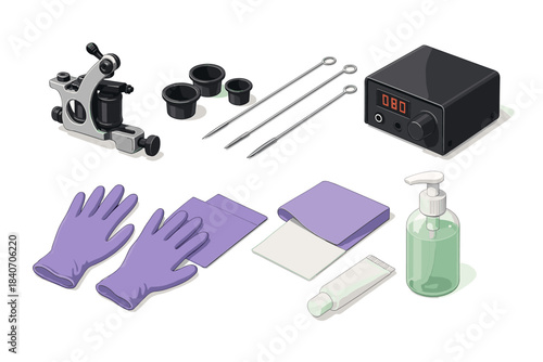 Tattoo equipment kit: machine, ink caps, needles, power supply, gloves, supplies