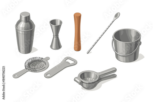 Collection of bar tools for cocktail making: shaker, jigger, muddler, strainer, bottle opener, citrus press
