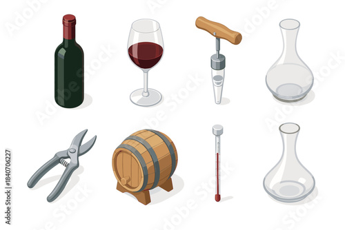 Wine tools and accessories set with bottle, glass, and barrel on white background