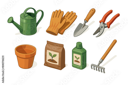 Gardening tools set with watering can, gloves, trowel, pruners, pot, fertilizer, rake