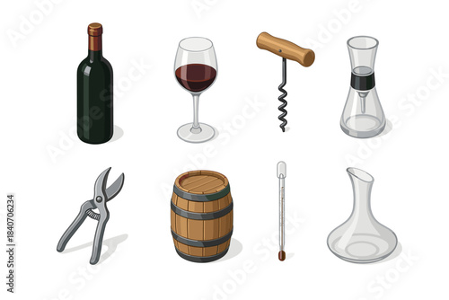 Wine tools and accessories collection: bottle, glass, corkscrew, decanter, barrel, thermometer