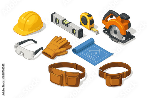 Construction tools and safety gear set with blueprint