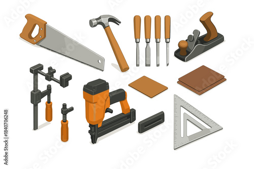 Variety of carpentry tools including hammer, saw, chisels, and clamps