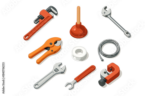 Assorted plumbing tools including wrench, plunger, and pipe cutter on white background