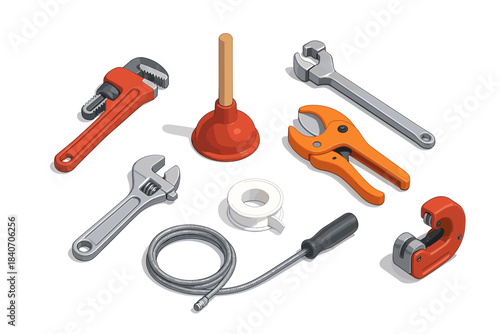 Essential plumbing tools set with wrench, plunger, tape, and pipe cutter
