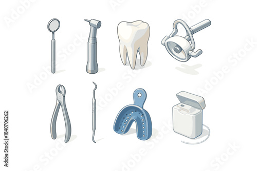 Dental tools and equipment set with tooth and dental floss