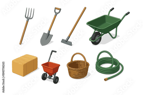 Collection of essential farming tools and equipment