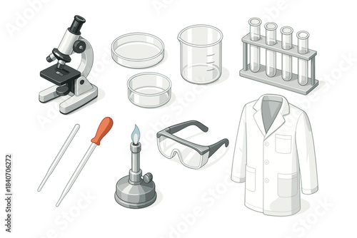 Laboratory equipment: microscope, glassware, and safety gear illustration