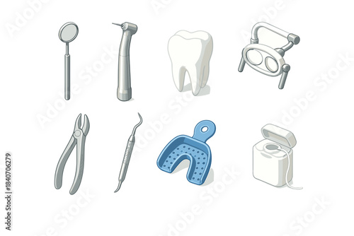 Dental tools set: mirror, drill, tooth, x-ray, extractor, probe, tray, floss