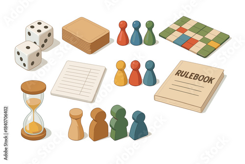 Board game components with dice, meeples, sand timer, and rulebook