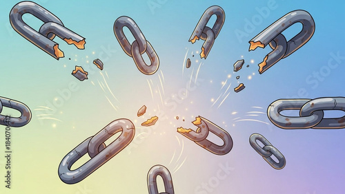 Broken chain links floating in mid-air, symbolizing breaking harmful cycles, cartoon style.