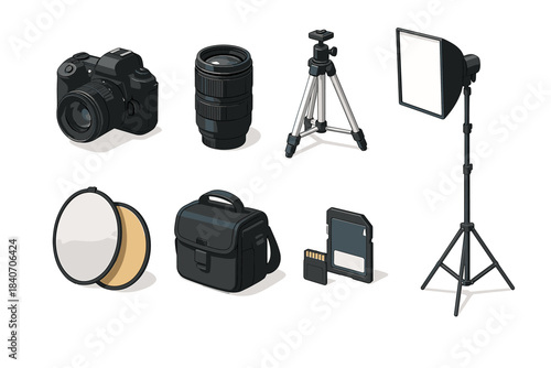 Essential photography equipment: camera, lens, tripod, lighting kit, reflectors, bag, memory card