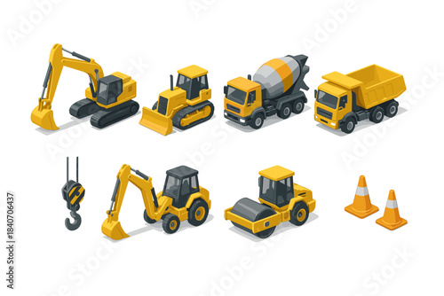 Set of construction vehicles and equipment on white background
