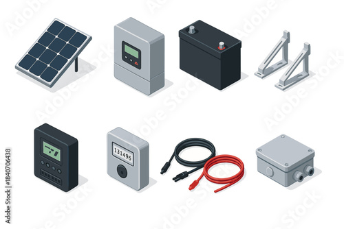 Solar panel equipment and components: battery, inverter, cables, and brackets