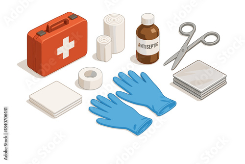 Comprehensive first aid kit with medical supplies on a white background