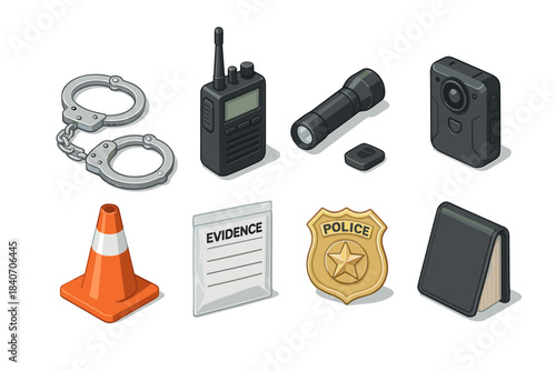 Law enforcement tools set including handcuffs, radio, flashlight, body camera, badge, traffic cone, evidence bag