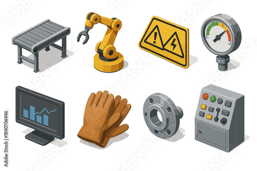 Isometric industrial icons: conveyor, robot arm, warning sign, pressure gauge, monitor, gloves, flange, control panel