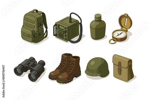 Military gear set: backpack, radio, canteen, compass, binoculars, boots, helmet, bag