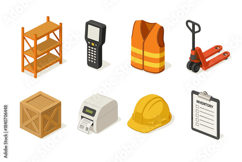 Warehouse equipment: shelving, scanner, vest, pallet jack, crate, printer, hard hat, inventory clipboard